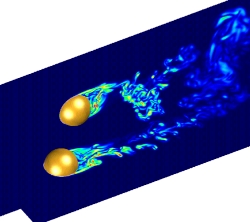 Turbulent flow past two spheres (vorticity) (Cgins)